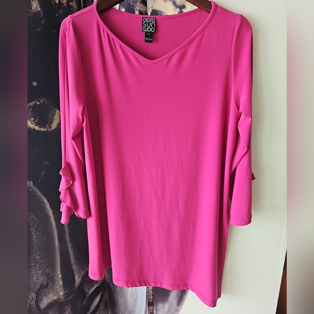 Clara Sun Woo Women's‎ Pink Scoop Neck Side Slit Ruffle Trim Sleeve Top Size L - Picture 2 of 9